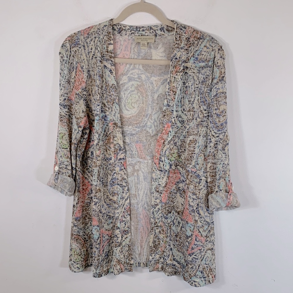 Appleseed’s Petites Open Front Roll Tab Sleeve Women’s Size PM Sweater Cardigan